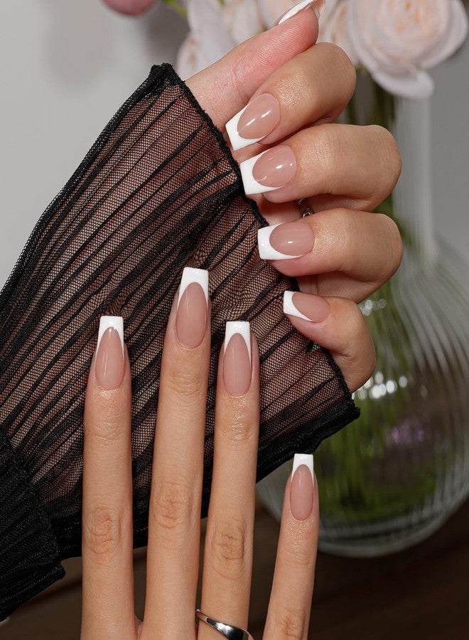 KQueenest White French Tip Press On Nails Medium, 30 Pcs Coffin Press On Nails with Glue, Glossy Soft Gel Fake Nails Press ons Short Ballerina, Reusable Natural Nude Glue on Nails for Women Weddings - Image 1